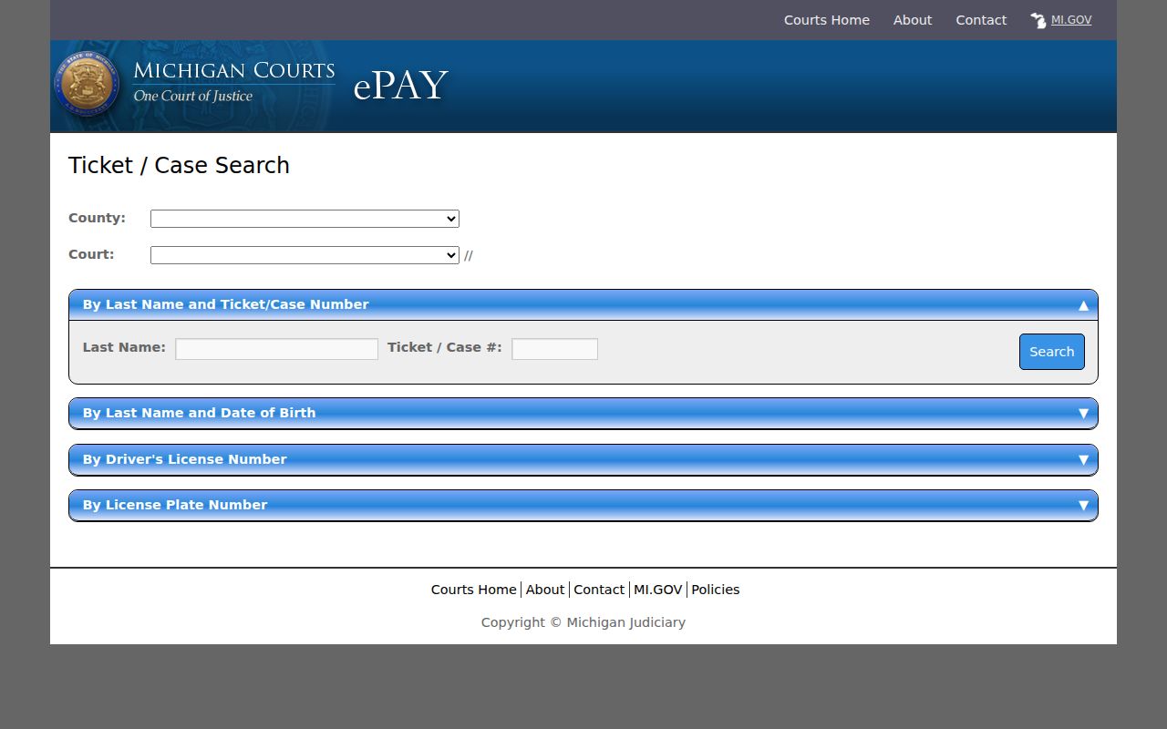 Berrien County traffic warrant search page showing ticket payment search fields