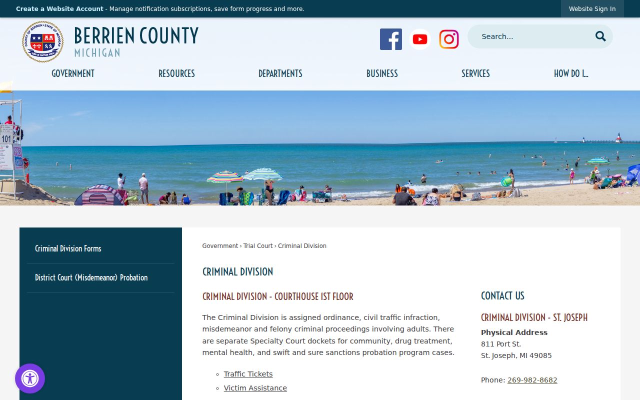 Berrien County municipal warrant page showing St. Joseph and Niles court contacts