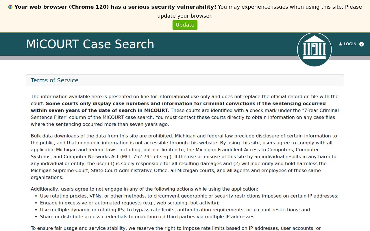 Berrien County warrant lookup page showing Michigan case search notice