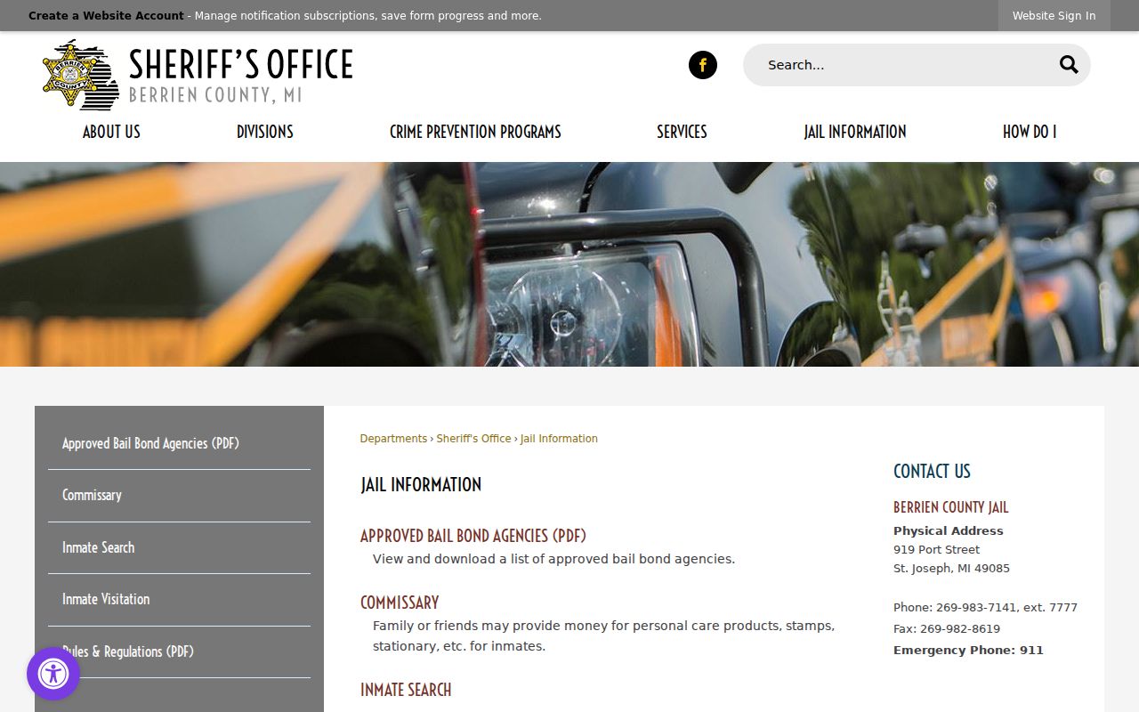 Berrien County arrest warrant search page showing jail and bail bond information