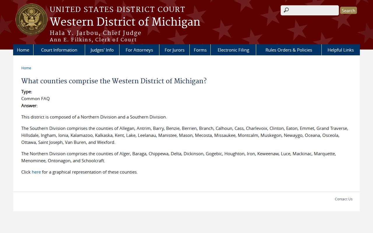 Berrien County arrest warrant search page showing federal district coverage map