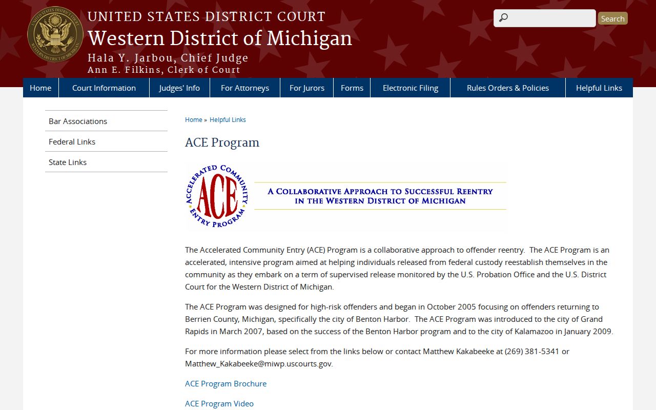 Benton Harbor warrant search page showing the federal reentry program page for Berrien County