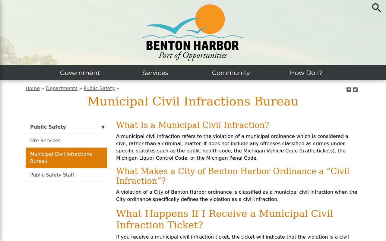 Berrien County municipal warrant page showing city ordinance civil infraction route