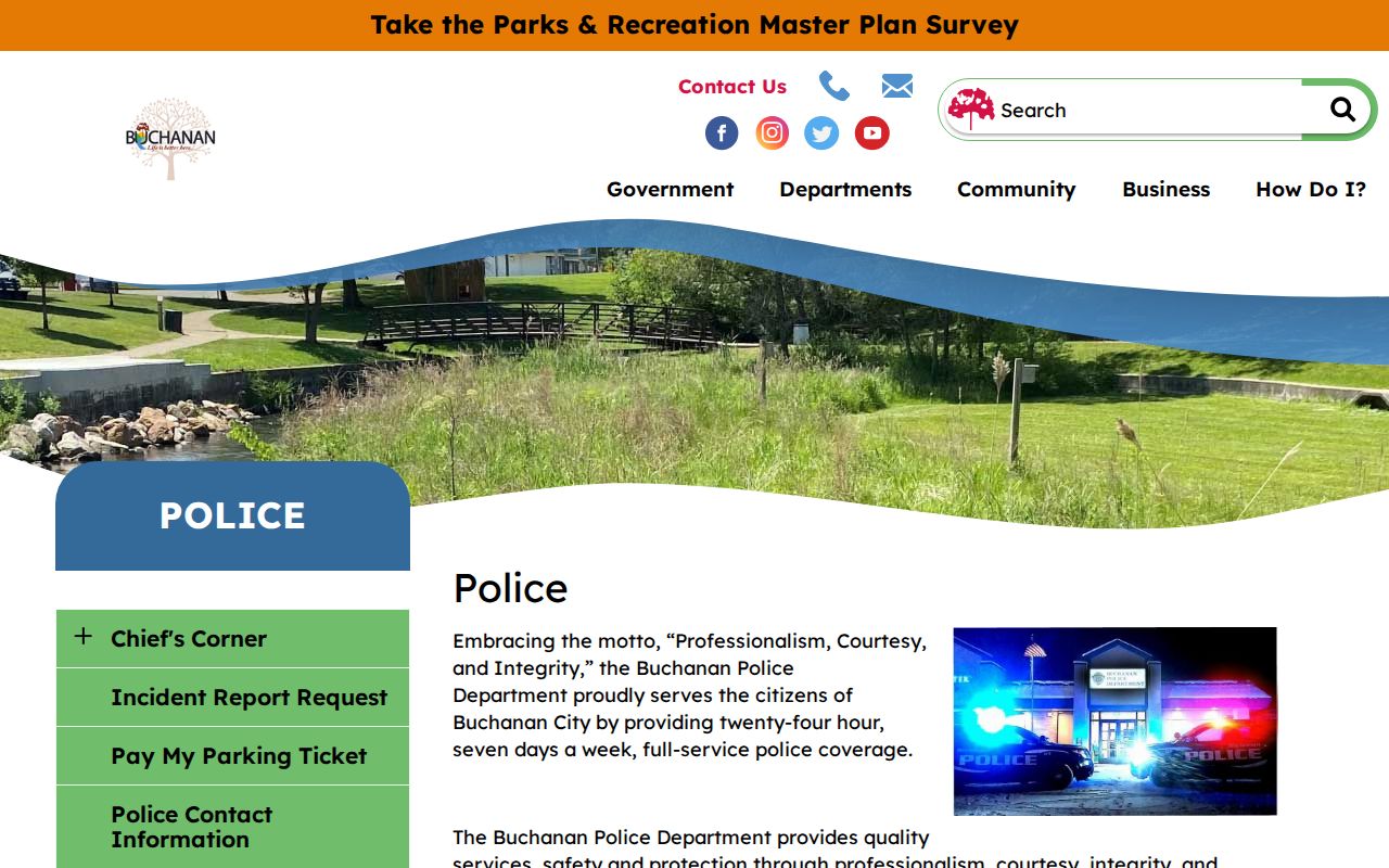 Berrien County warrant records page showing Buchanan police contact and records information