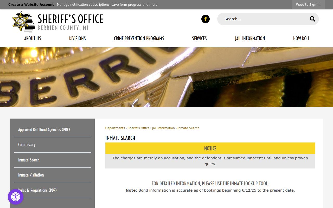 Berrien County outstanding warrants page showing jail booking search notice