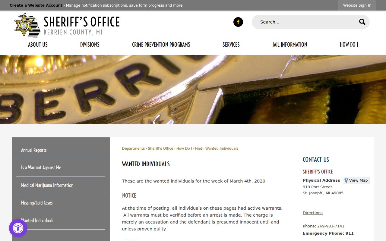 Berrien County most wanted list page showing the official curated program notice